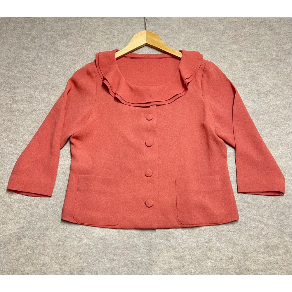 Coral Pink Ruffle Collar Button Front Cropped Jacket 3/4 Sleeve Pocketed Top EUC